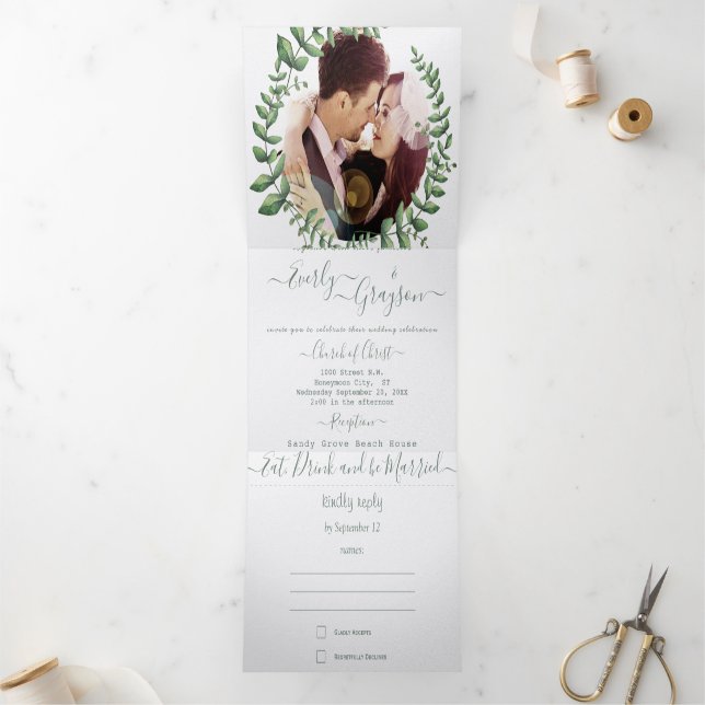 Invitation Trois Volets Boho Green Leaf Olive Green Cendres Mariage Tri (Intérieur)