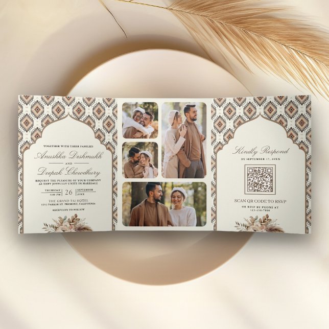 Invitation Trois Volets Boho Ivory Beige Ikat Photo Collage Mariage indien (Créateur téléchargé)