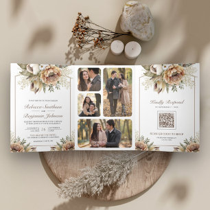 Invitation Trois Volets Boho Neutral Terme Floral Taupe QR Code Mariage