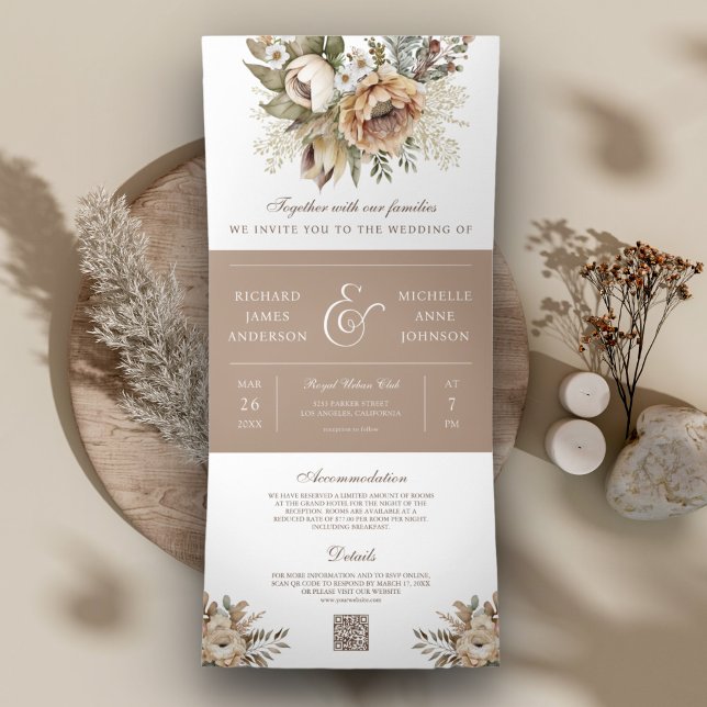 Invitation Trois Volets Boho Neutral Terme Floral Taupe QR Code Mariage (Créateur téléchargé)