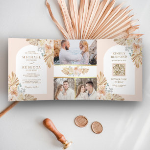 Invitation Trois Volets Boho Palm Dusty Earthy Floral Arch QR Code Mariage