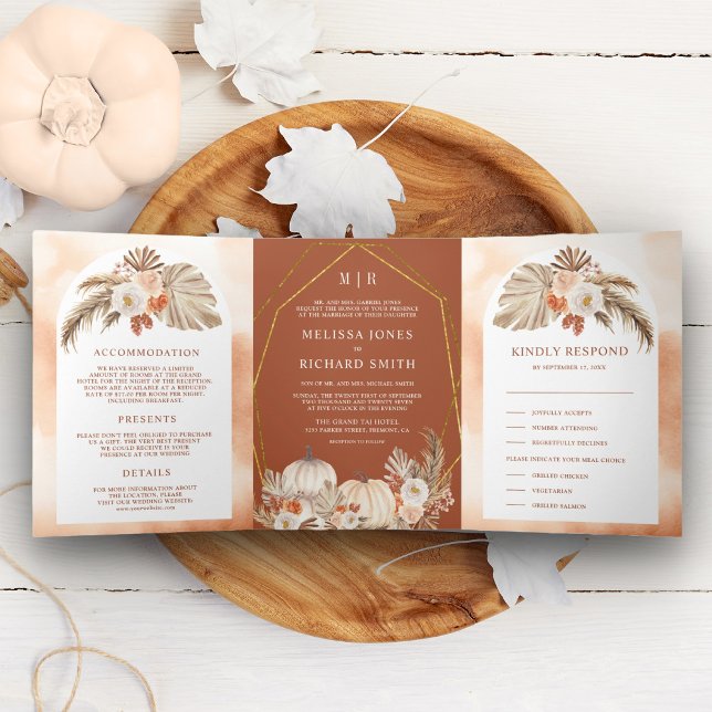 Invitation Trois Volets Boho Pampas Citrouille Floral Terracotta Mariage d (Créateur téléchargé)