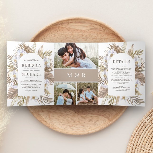 Invitation Trois Volets Boho Pampas Orchidée blanche Mariage de palmier sé (Créateur téléchargé)