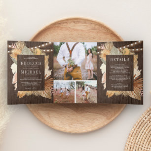 Invitation Trois Volets Boho Pampas séché Palm Bois Photo Collage Mariage