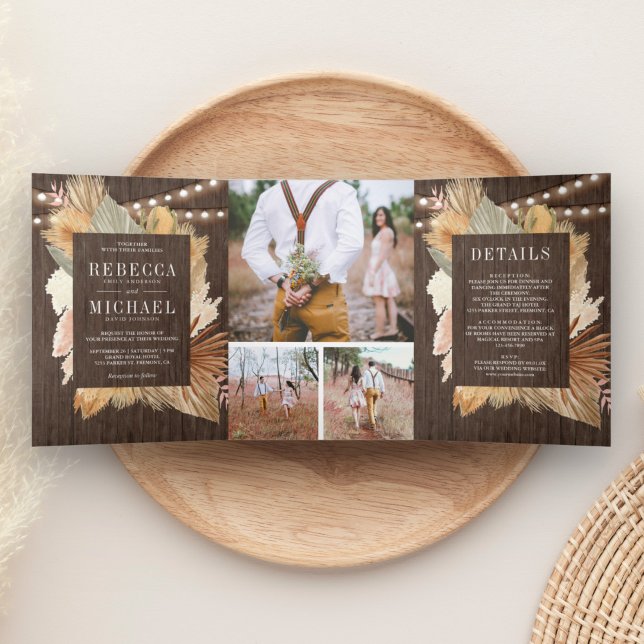 Invitation Trois Volets Boho Pampas séché Palm Bois Photo Collage Mariage (Créateur téléchargé)