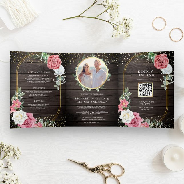 Invitation Trois Volets Boho Rustique rose Roses Floral QR Code Mariage (Créateur téléchargé)
