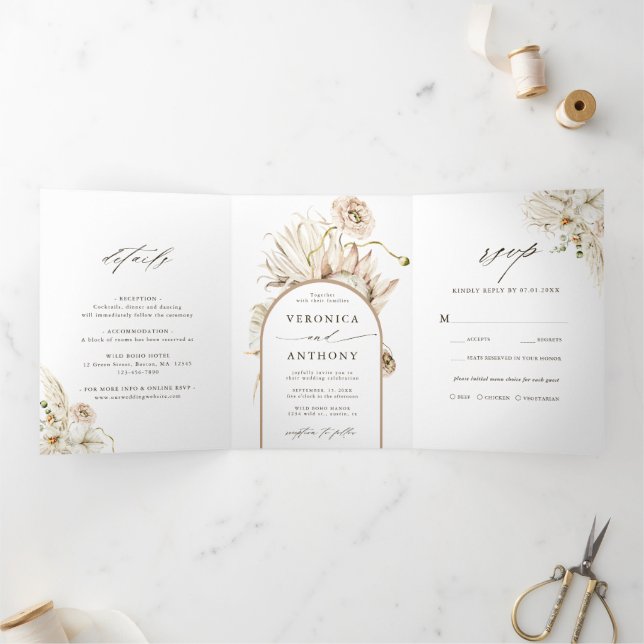 Invitation Trois Volets Boho sauvage Pampas Grass Mariage Floral (Intérieur)