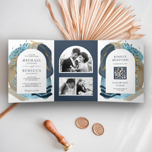 Invitation Trois Volets Boho Taupe Marine Bleu Brush Strokes QR Code Maria