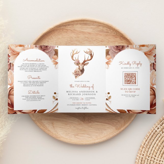 Invitation Trois Volets Boho Terracotta Floral Deer QR Code Mariage (Créateur téléchargé)