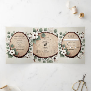Invitation Trois Volets Bois de forêt Eucalyptus & Coton Mariage rustique
