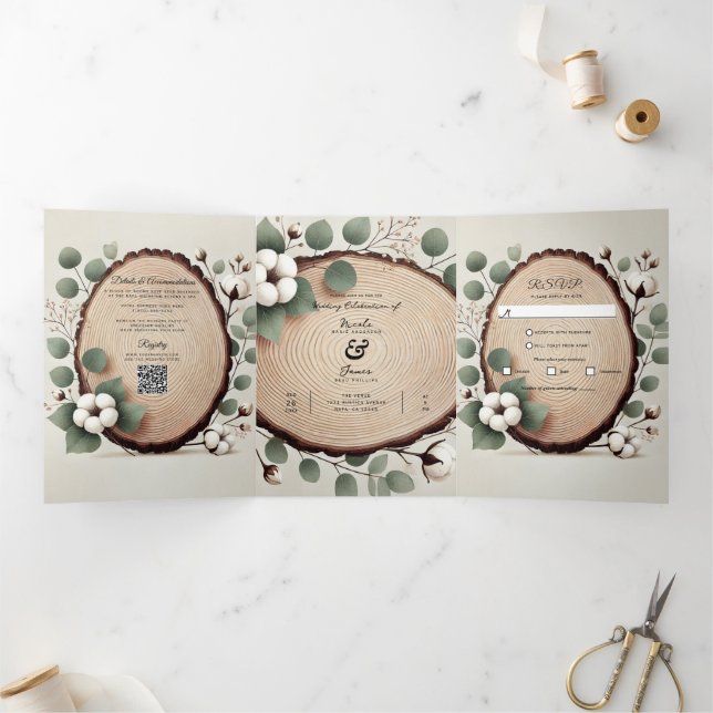 Invitation Trois Volets Bois de forêt Eucalyptus et Coton Mariage rustique (Intérieur)