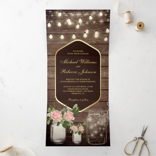 Invitation Trois Volets Bois Dusty Roses Mason Jar String Mariage (Intérieur)