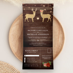 Invitation Trois Volets Bois rustique Buck et Doe Romantic Deer Mariage