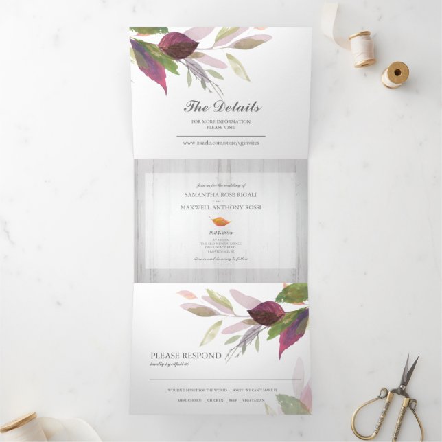 Invitation Trois Volets Bois rustique et feuillage tout en un mariage Invi (Intérieur)
