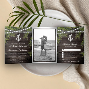Invitation Trois Volets Bois Rustique Feuilles de Palmier Tropicales Maria