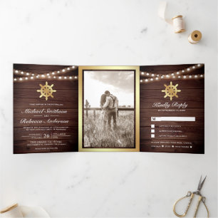 Invitation Trois Volets Bois rustique Mariage de roue du navire en or naut