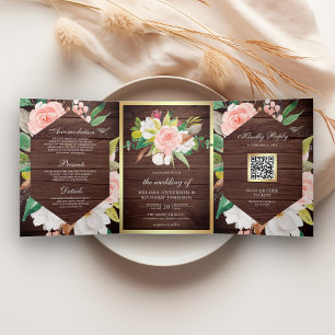 Invitation Trois Volets Bois Rustique Rose Pâle Floral Or Code QR Mariage