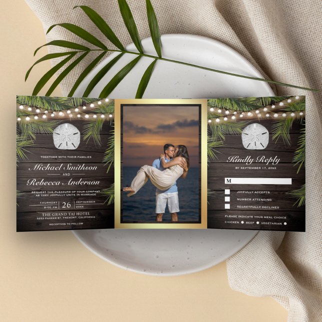 Invitation Trois Volets Bois rustique Tropical Palm Leaf Mariage Dollar (Créateur téléchargé)