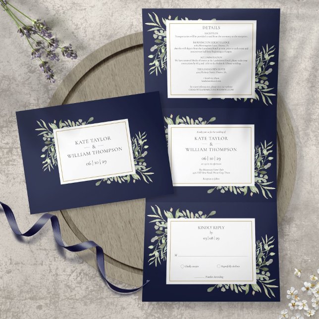 Invitation Trois Volets Botanical Greenery Feuille Marine Blue Photo Maria (Créateur téléchargé)