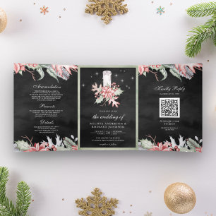Invitation Trois Volets Bougie de Noël Poinsettia QR Code Mariage noir
