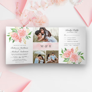 Invitation Trois Volets Bouquet de roses roses Blush Photo Collage Mariage