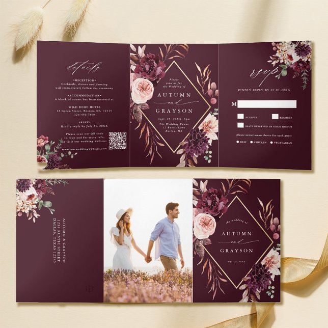 Invitation Trois Volets Bourgogne Automne Romance Aquarelle Florale Mariag (Inside & Outside)