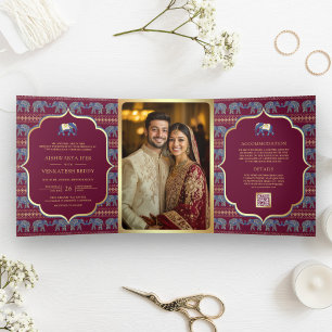 Invitation Trois Volets Bourgogne Bleu Nuit Or Éléphant Mariage Indien