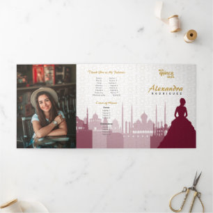 Invitation Trois Volets Bourgogne et or Arabe Quinceañera Photo
