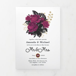 Invitation Trois Volets Bourgogne - Marsala et Gold Floral Mariage