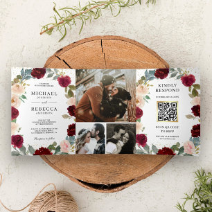 Invitation Trois Volets Bourgogne Pêche Floral Tout en Un Code QR Mariage