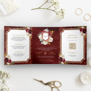 Invitation Trois Volets Bourgogne Rouge Or Floral Tout en Un Blason Mariag