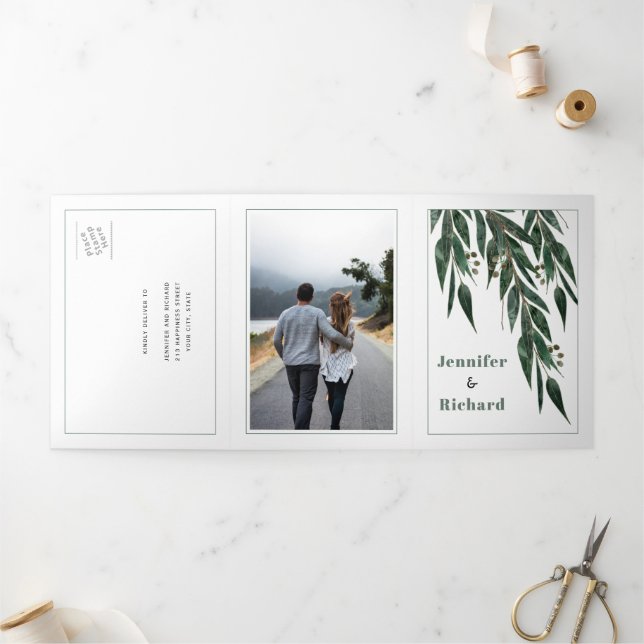 Invitation Trois Volets Branche Eucalyptus avec mariage d'hiver feuille (Extérieur)