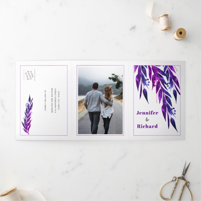 Invitation Trois Volets Branche Eucalyptus en violet couleur mariage d'aut (Extérieur)