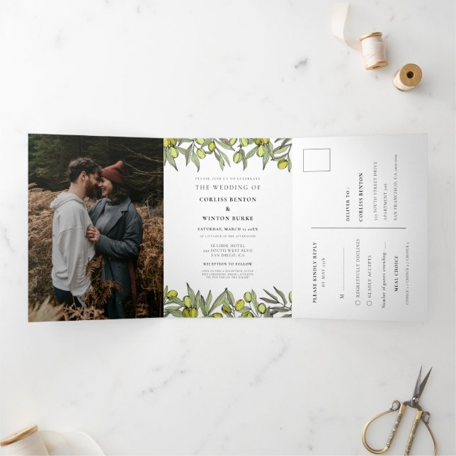 Invitation Trois Volets Branche Olive moderne Tout en un mariage (Intérieur)