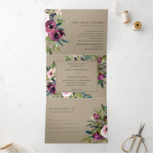 INVITATION TROIS VOLETS BRILLANT BURGUNDY KRAFT FLORAL BUNCH MARIAGE