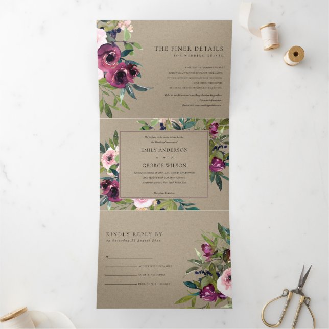 INVITATION TROIS VOLETS BRILLANT BURGUNDY KRAFT FLORAL BUNCH MARIAGE (Intérieur)