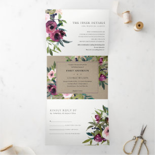 INVITATION TROIS VOLETS BRILLANT BURGUNDY KRAFT FLORAL BUNCH MARIAGE