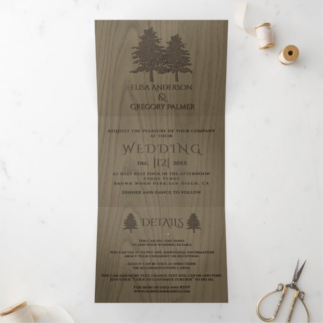 Invitation Trois Volets Brown arbres gaufrés sur sépia mariage d'hiver (Intérieur)