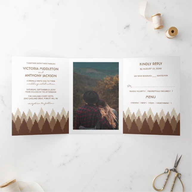 Invitation Trois Volets Brown Forest Range Woodland Mariage Suite (Intérieur)