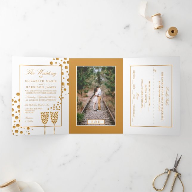 Invitation Trois Volets Bubbles Champagne Blanc & Or, Suite Mariage (Intérieur)