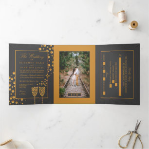 Invitation Trois Volets Bubbles de champagne gris foncé, Suite Mariage