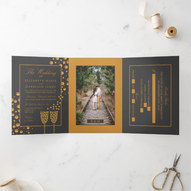 Invitation Trois Volets Bubbles de champagne gris foncé, Suite Mariage (Intérieur)