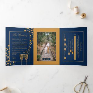 Invitation Trois Volets Bulles Champagne Bleu & Or, Suite Mariage