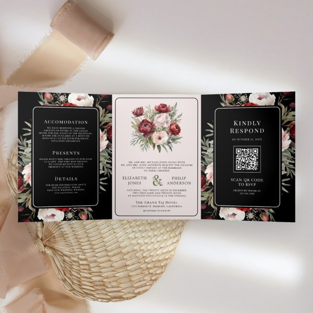 Invitation Trois Volets Burgundy Blush rose Floral Black Moody Mariage (Créateur téléchargé)