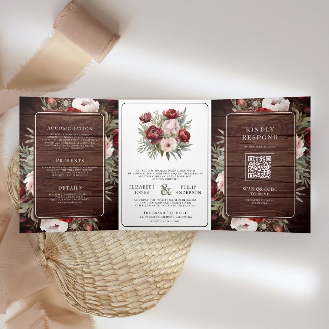 Invitation Trois Volets Burgundy Blush rose Floral Rustique Mariage bois (Créateur téléchargé)