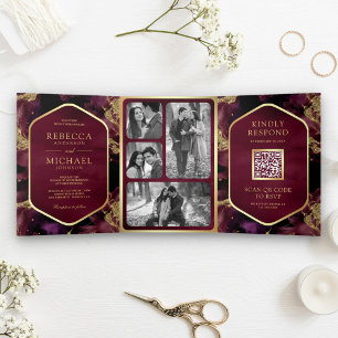 Invitation Trois Volets Burgundy Gold Abstrait Fluid Ink QR Code Mariage