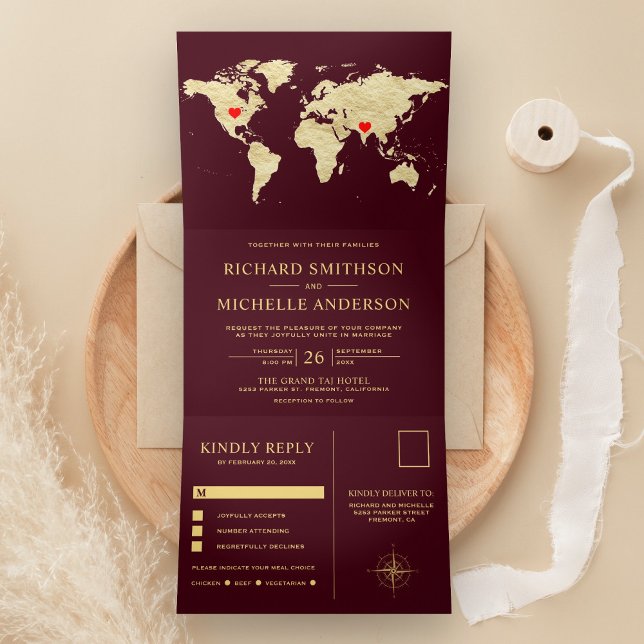 Invitation Trois Volets Burgundy Gold World Map All in One Wedding (Créateur téléchargé)