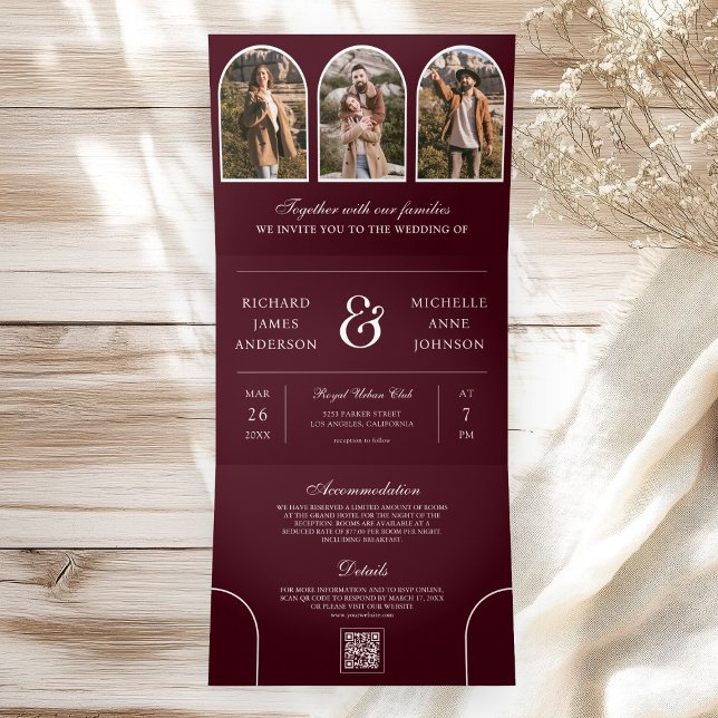 Invitation Trois Volets Burgundy Minimal Arch Photo QR code Wedding (Créateur téléchargé)