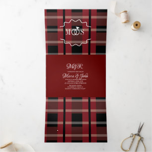 Invitation Trois Volets Burgundy Noir Plaid Blanc Anneau Logo Mariage