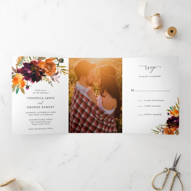 Invitation Trois Volets Burnt Orange Bourgogne Florale Photo Mariage éléga (Intérieur)